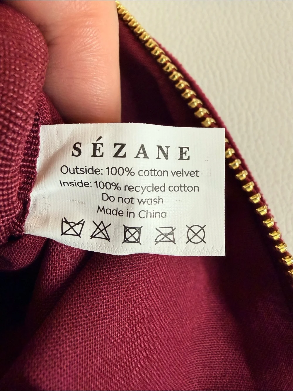 NWT Sézane Burgundy Cotton Velvet Zip Flat Pouch Makeup Bag with Pink Trim